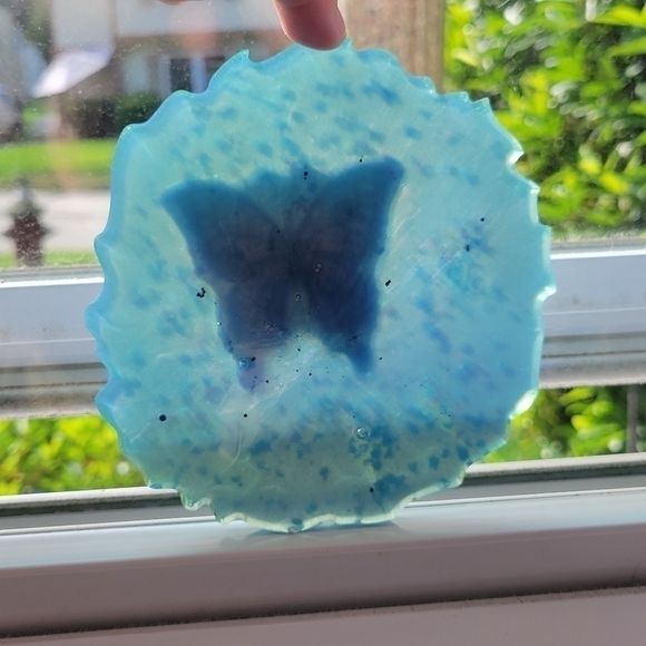 NEW Handmade Blue Resin Tray/ Coaster Piece With Butterfly And Moons Etc. - Picture 5 of 12